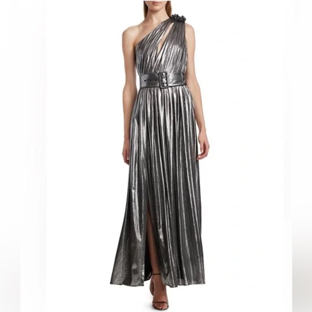 Retrofete one shoulder silver evening gown